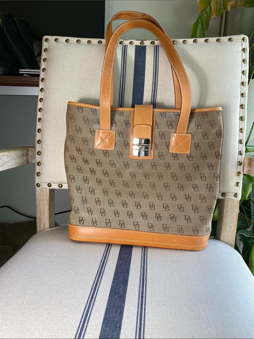 Dooney & Bourke Vintage Brown Monogram Tote with Tan Leather Trim